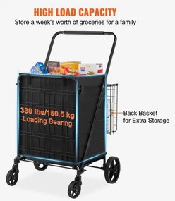 VEVOR Folding Shopping Cart with Removable Waterproof Liner, 330LBS Large Capacity Jumbo Grocery Cart with Dual Basket, 360° Swivel Wheels, Dense Metal Mesh Base, Heavy Duty Utility Cart for Shopping