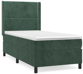 Κρεβάτι Boxspring με Στρώμα Σκούρο Πράσινο 90x190 εκ. Βελούδινο - Πράσινο