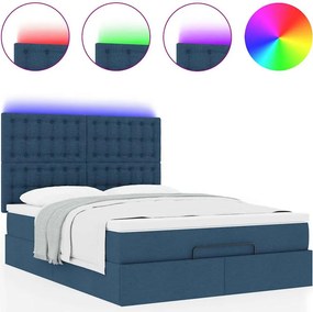 vidaXL Οθωμανικό κρεβάτι με στρώμα &amp; LEDs Μπλε 140x200cm ύφασμα