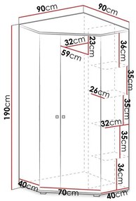 Γωνιακή ντουλάπα Omaha M101, Ανθρακί, Ελαφριά δρυς, 190x90x90cm, 72 kg, Πόρτες ντουλάπας: Με μεντεσέδες, Αριθμός ραφιών: 5, Αριθμός ραφιών: 5