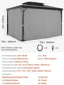 VEVOR Gazebo Privacy Curtain 10&#039; x 10&#039; x 6.9&#039; Waterproof Gazebo Curtains Gray