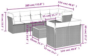 Σαλόνι Κήπου Σετ 9 Τεμαχίων Γκρι Συνθετικό Ρατάν με Μαξιλάρια - Γκρι