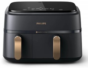 Διπλή φριτέζα ζεστού αέρα Philips NA352/00, 2750 W, 6+3 L, 80-200C, 1,5 kg, 8 προγράμματα, Οθόνη αφής, Αντιγραφή και συγχρονισμός, Μαύρο