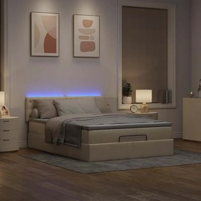 vidaXL Οθωμανικό κρεβάτι με στρώμα &amp; LEDs Cream 140x200 cm Ύφασμα