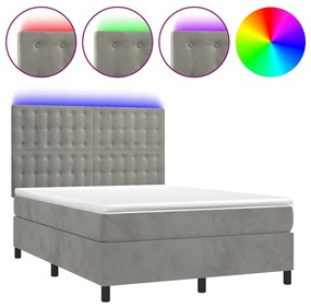 vidaXL Κρεβάτι Boxspring με Στρώμα & LED Αν.Γκρι 140x200 εκ. Βελούδινο