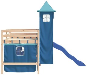 Υπερυψωμένο Κρεβάτι με Πύργο Μπλε 90x190 εκ. Μασίφ Ξύλο Πεύκου - Μπλε