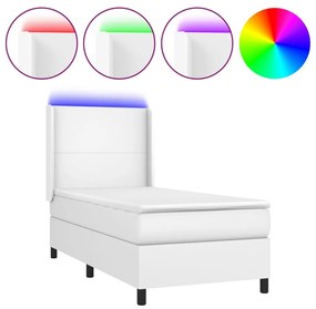 Κρεβάτι Boxspring με Στρώμα &amp; LED Λευκό 90x200 εκ. Συνθ. Δέρμα - Λευκό