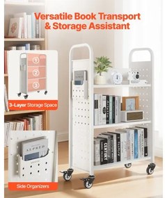VEVOR 3-Tier Rolling Book Cart Single Sided L-Shaped Shelves Book Truck in White