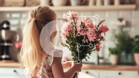 Intra Συλλεκτικό Ξύλινο Παζλ Plywood 4mm - Νεαρό κορίτσι με ροζ λουλούδια στην κουζίνα Σε Ξύλινο Κουτί - Διαστάσεις Puzzle: 10x10 cm – 25 κομμάτια