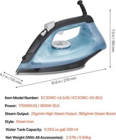 VEVOR Steam Iron 1600W Iron for Clothes Auto Shut-Off Self-Cleaning for Ironing