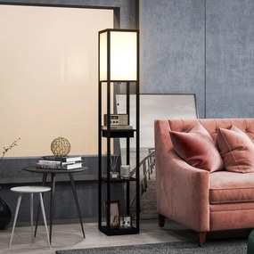 Φωτιστικό δαπέδου με ράφι 3 επιπέδων, ποδοδιακόπτης, θύρες USB, MDF, μαύρο