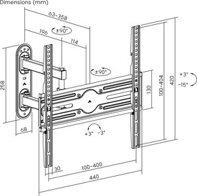 POWERTECH επιτοίχια βάση τηλεόρασης PT-1388, 32-65", έως 35kg, full motion