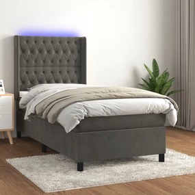 Κρεβάτι Boxspring με Στρώμα & LED Σκ. Γκρι 90x190 εκ. Βελούδινο