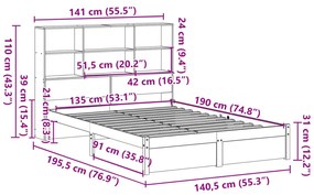Κρεβάτι Βιβλιοθήκη Χωρίς Στρώμα Λευκό 135x190 εκ Μασίφ Πεύκο - Λευκό