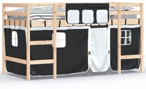 Υπερυψ. Κρεβάτι με Κουρτίνες Λευκό/Μαύρο 90x190 εκ. Μασίφ Πεύκο - Μαύρο