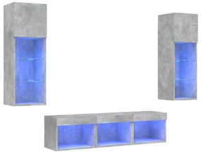 vidaXL Έπιπλα Τοίχου Τηλεόρασης 5 τεμ. LED Γκρι Σκυρ. από Επεξ. Ξύλο