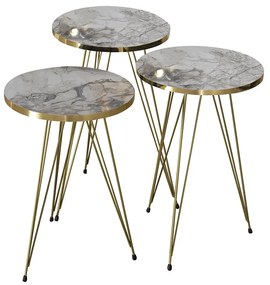 Βοηθητικά τραπέζια Sebastian  σετ 3τεμ λευκό γκρι μάρμαρου-χρυσό Model: 120