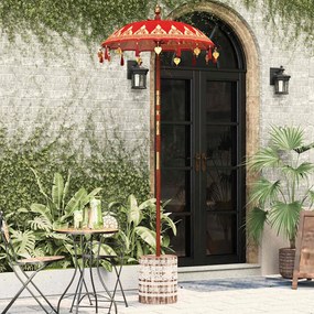 vidaXL Ομπρέλα με Βάση Κόκκινο, Καφέ 250 cm Βαμβάκι, Ξύλο