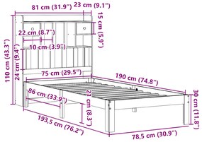 Κρεβάτι Βιβλιοθήκη Χωρίς Στρώμα Λευκό 75x190 εκ Μασίφ Πεύκο - Λευκό