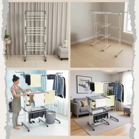Στεγνωτήριο ρούχων Kinghoff KH 2044, 30 μ., έως 30 κιλά, 3 επίπεδα, ροδάκια, χάλυβας, λευκό/γκρι