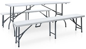vidaXL Τραπέζι Κήπου Πτυσσόμενο + 2 Πάγκοι Λευκό 180 εκ. Ατσάλι/HDPE