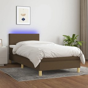 Κρεβάτι Boxspring με Στρώμα &amp; LED Σκ.Καφέ 90x190 εκ. Υφασμάτινο