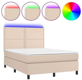 Κρεβάτι Boxspring Στρώμα&amp;LED Καπουτσίνο 140x190 εκ. Συνθ. Δέρμα - Καφέ