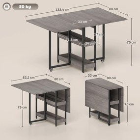 HOMCOM Πτυσσόμενο τραπέζι τραπεζαρίας σε βιομηχανικό σχέδιο, για έως 4 άτομα, ανοιχτά ράφια, ευέλικτο, μέταλλο, μοριοσανίδα, Γκρι