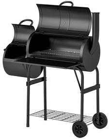 Outsunny Ξυλοψησταριά από χάλυβα BBQ Smoker με καπάκι, θερμόμετρο, τροχούς και ρυθμιζόμενη ροή αέρα