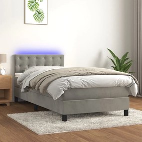 vidaXL Κρεβάτι Boxspring με Στρώμα & LED Αν.Γκρι 90x190 εκ. Βελούδινο
