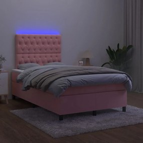 vidaXL Κρεβάτι Boxspring με Στρώμα & LED Ροζ 120x190 εκ. Βελούδινο