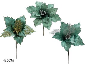 Χριστουγεννιάτικο Λουλούδι Velvet Πράσινο 25cm Σε 3 Σχέδια