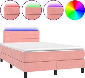 vidaXL Κρεβάτι Boxspring με Στρώμα &amp; LED Ροζ 120x200 εκ. Βελούδινο