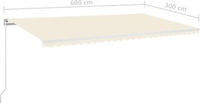 vidaXL Χειροκίνητη τέντα με ηλιακό LED 6 x 3 m Κρεμ 100% Πολυεστέρας