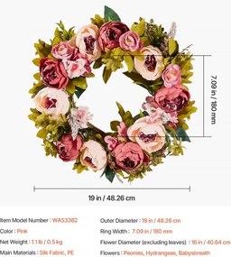 VEVOR Artificial Decorative Wreath 19 in Pink Peonies Hydrangeas Year Round