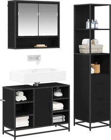 vidaXL Σετ Επίπλων Μπάνιου με ράφι 3 pcs Μαύρη Οξυά Επεξεργασμένο ξύλο