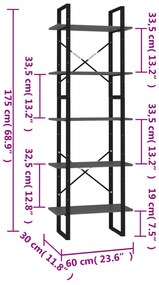 vidaXL Βιβλιοθήκη με 5 Ράφια Γκρι 60 x 30 x 175 εκ. από Επεξ. Ξύλο
