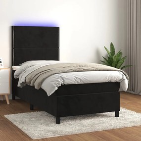 vidaXL Κρεβάτι Boxspring με Στρώμα &amp; LED Μαύρο 90x190 εκ. Βελούδινο