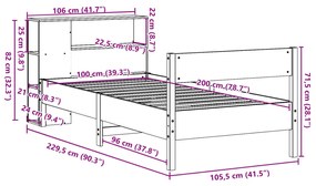 Κρεβάτι Βιβλιοθήκη Χωρίς Στρώμα 100x200 εκ Μασίφ Ξύλο Πεύκου - Καφέ