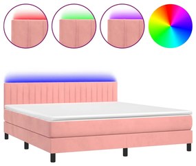 vidaXL Κρεβάτι Boxspring με Στρώμα & LED Ροζ 160x200 εκ. Βελούδινο