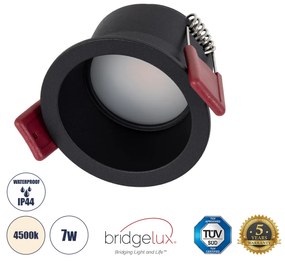 IP 60342 Χωνευτό LED Spot Downlight TrimLess Μπάνιου &amp; WC Φ6.6cm 7W 750lm 45° AC 220-240V IP44 Φ6.6 x Υ5.3cm - Στρόγγυλο - Μαύρο - Φυσικό Λευκό 4500K - Bridgelux COB - TÜV Certified Driver - 5 Years Warranty