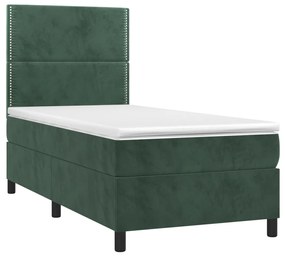 vidaXL Κρεβάτι Boxspring με Στρώμα Σκούρο Πράσινο 90x200 εκ. Βελούδινο