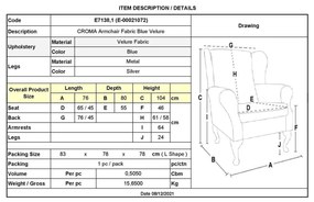Πολυθρόνα CROMA Ύφασμα Μπλε Velure 76x80x104cm