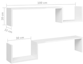 Ραφιέρες Τοίχου 2 τεμ. Γυαλιστερό Λευκό 100x15x50εκ Επεξ. Ξύλο - Λευκό