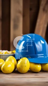 Intra Συλλεκτικό Ξύλινο Παζλ Plywood  4mm - Μπλε σκληρό καπέλο και κίτρινα αυγά στο τραπέζι Σε Ξύλινο Κουτί - Διαστάσεις: 10x10 cm – 25 κομμάτια