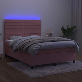 Κρεβάτι Boxspring με Στρώμα &amp; LED Ροζ 140x190 εκ. Βελούδινο - Ροζ