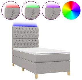vidaXL Κρεβάτι Boxspring με Στρώμα &amp; LED Αν.Γκρι 90x200 εκ. Υφασμάτινο