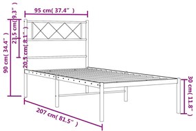 Πλαίσιο Κρεβατιού με Κεφαλάρι Μαύρο 90 x 200 εκ. Μεταλλικό - Μαύρο