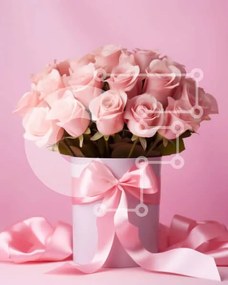 Intra Συλλεκτικό Ξύλινο Παζλ Plywood 4mm - Ροζ τριαντάφυλλα σε λευκό βάζο με ροζ κορδέλα Σε Ξύλινο Κουτί - Διαστάσεις Puzzle: 10x10 cm – 25 κομμάτια