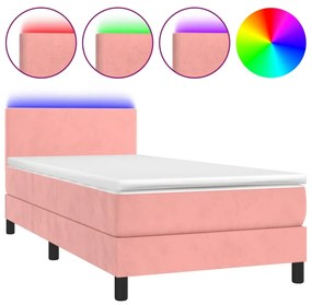 vidaXL Κρεβάτι Boxspring με Στρώμα & LED Ροζ 90x200 εκ. Βελούδινο